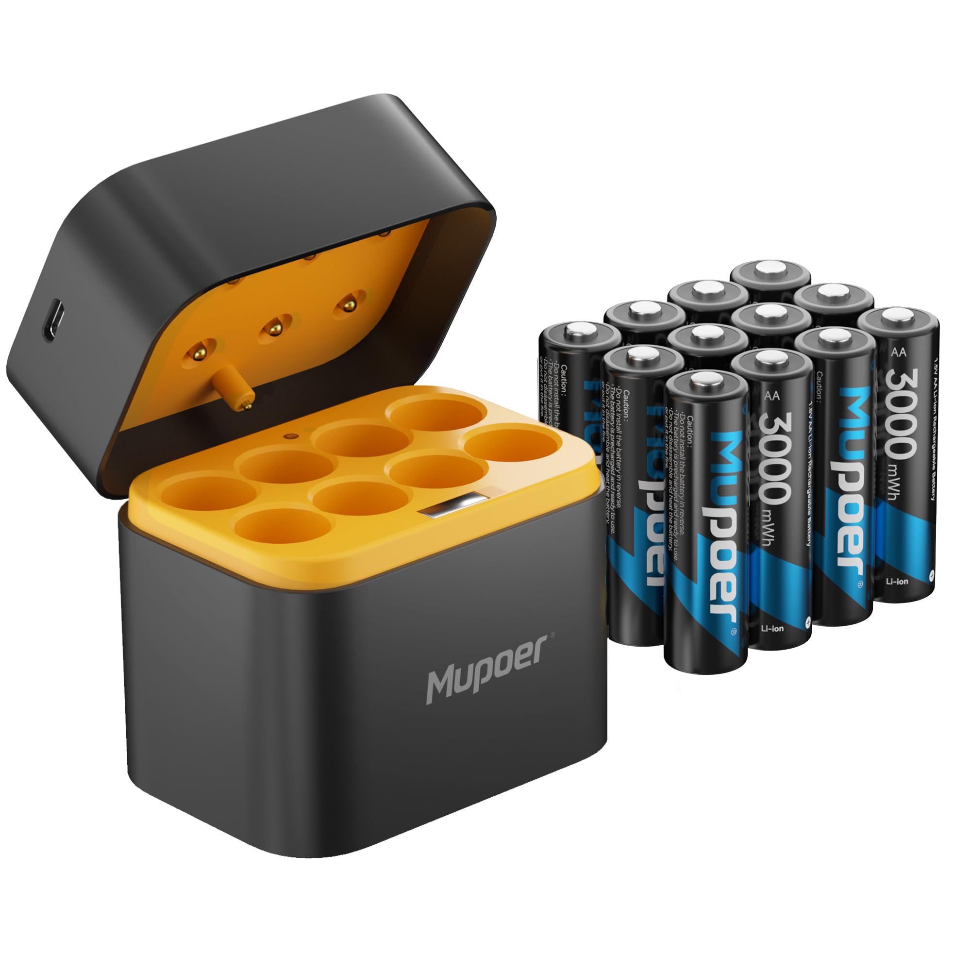 Mupoer 12 Pack Rechargeable AA Batteries Lithium with Charger,3000mWh 1.5V AA Lithium Blink Batteries,Double A Battery Rechargeable,Long Lasting Pilas Recargables Lithium ion AA Battery for Xbox