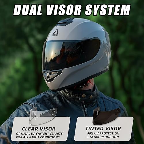 Miniatura 5 de TRIANGLE Cascos de motocicleta de cara completa para hombres y mujeres con visera tintada y transparente, aprobado por cumplir con puntos (gris
