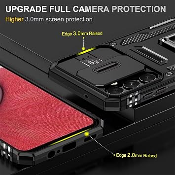 Case for Samsung Galaxy A15 Mobile Phone Case with Slide Camera Tempered Glass Screen Protector [Pack of 2] Protect Stand Silicone Armour Hard Case Shockproof Case Black