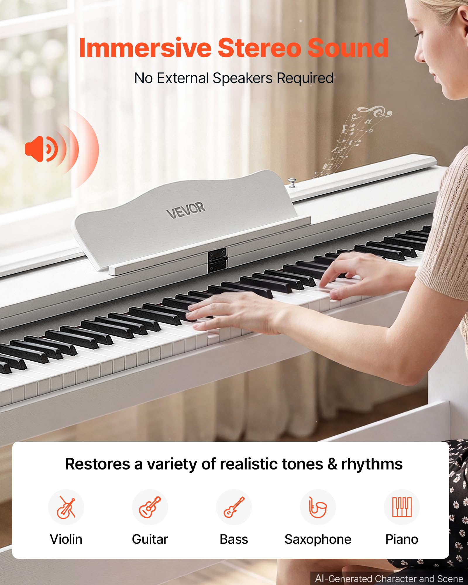VEVOR Digitalpiano 88 Halbgewichtete Tasten E-Piano HiFi-Lautsprecher Weiß