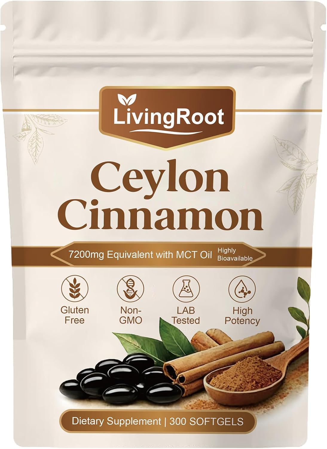 Living Root Ceylon Cinnamon Softgels, Livingroot Organic Ceylon Cinnamon Supplement Made with True Ceylon Cinnamon, 300 Softgels