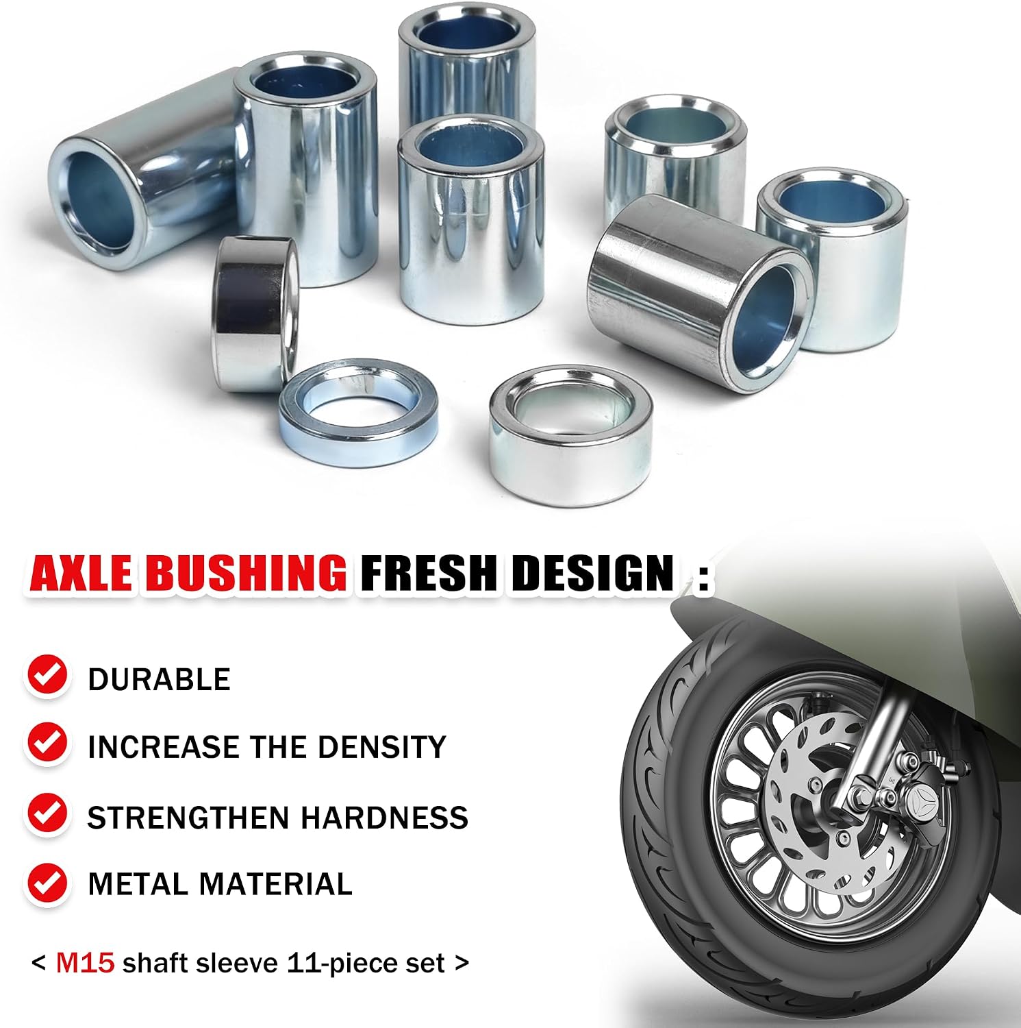 15mm Motorcycle Wheel Spacers Kit, 11 Pcs Axle Bushings, for XR50 CRF50 Mini Bike Dirt Pit Bike 50-160cc, Universal 15mm Axle