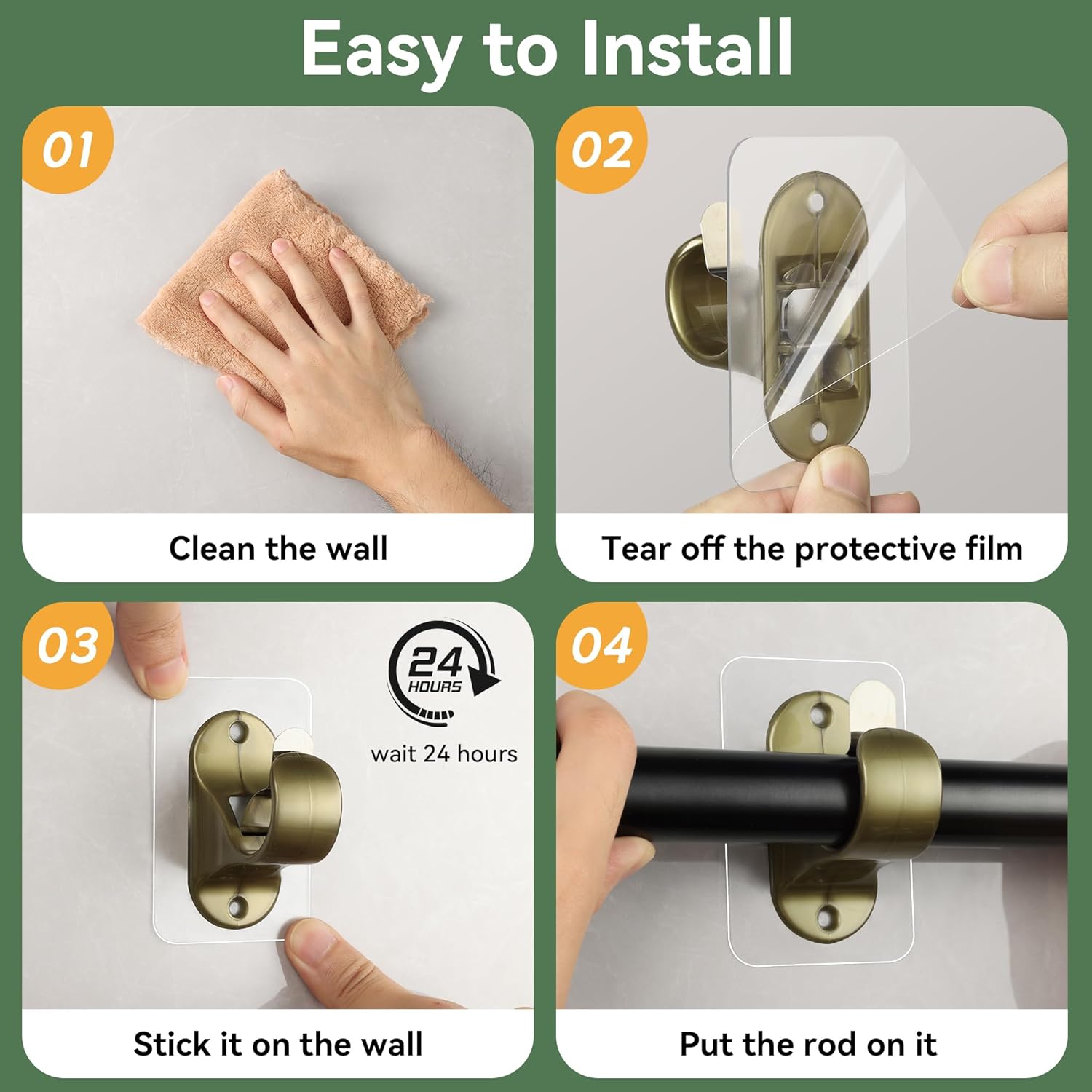 ANDGOO 6 Pack No Hole Curtain Rod Brackets Hangers, Self Adhesive Curtain Rod Holders, No Drilling, No Nail Heavy Duty Stick on Rod Hooks Bedroom, Bathroom, Livingroom, Kitchen (Retro)