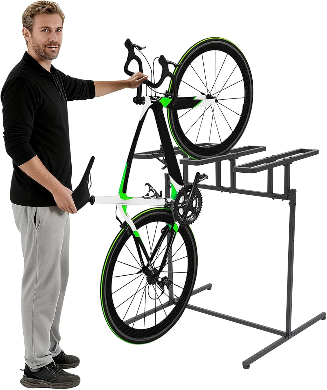 3 Bikes Floor Stand, Adjustable Bicycle Parking Rack with Hook for Garage, Indoor, Outdoor, Metal Cycle Storage Organizer Rack for Mountain, Road and Kids Bikes, Max Tire Width 2.4”, Black