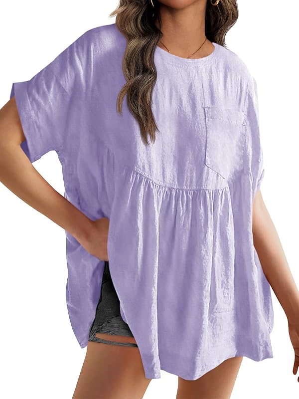 Tankaneo Blusa Feminina Oversized de Linho com Manga Curta e Bolso, Modelo Babydoll