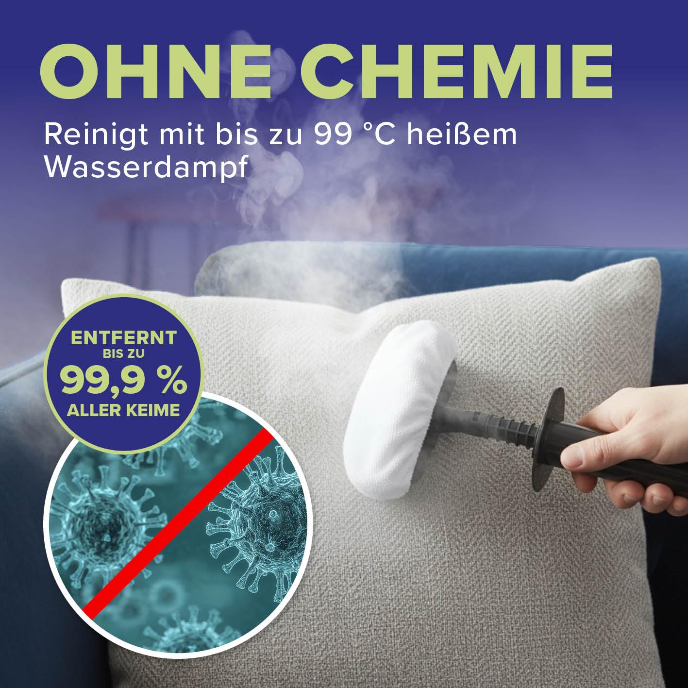 Dampfreiniger Handgerät - kraftvolles 100 °C Dampf Polsterreiniger Gerät, entfernt bis zu 99,9% Keime ohne Chemie | mit Dampfhandschuh, 7 Aufsätzen | 45 Min Laufzeit, 1 l Tank, 1200 Watt