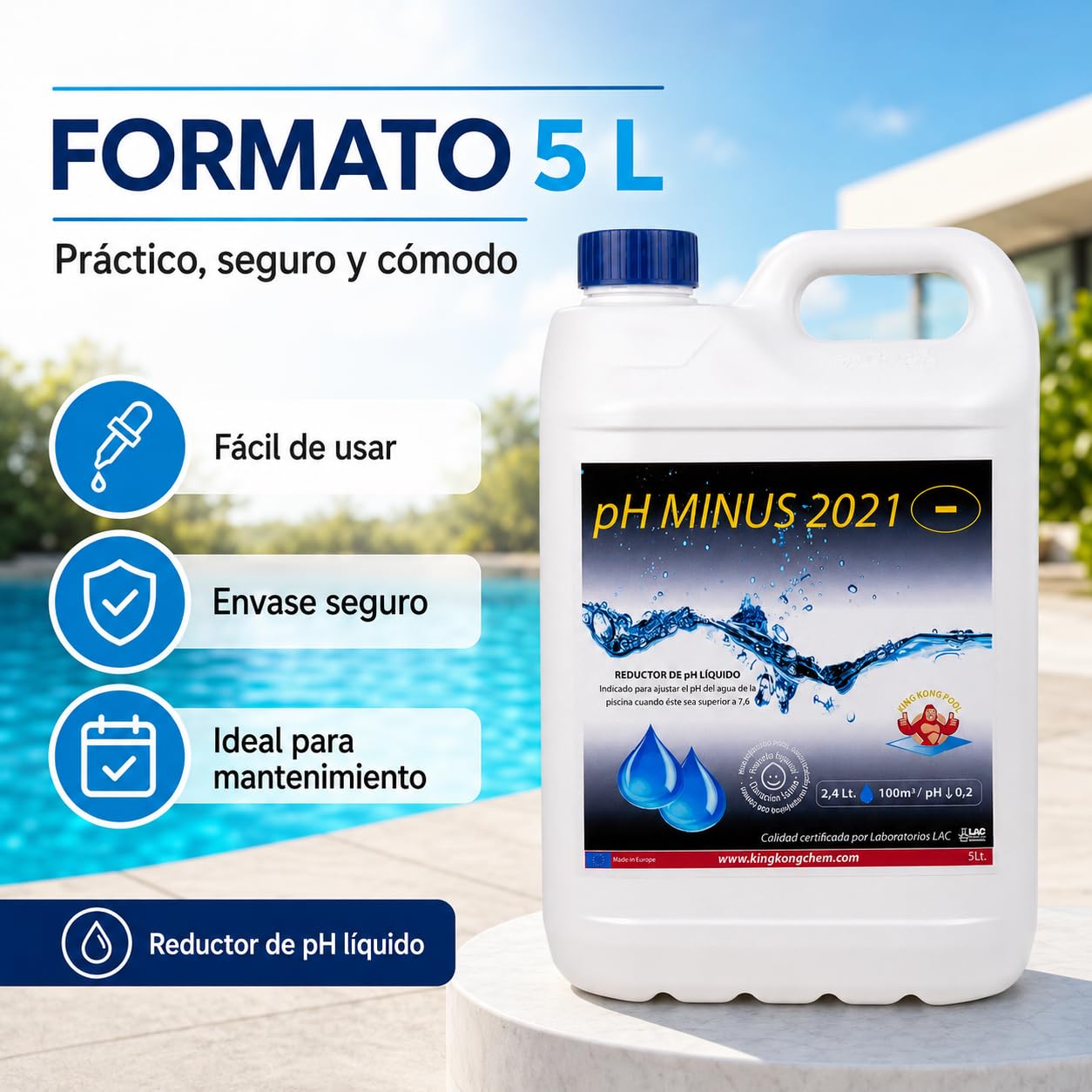 Pack 2 UDS Minorador de pH para Piscinas Compatible Poliester/Liner y electrólisis - PH Minus 10 L (2x5 litros) - Reduce el pH del Agua – Formato Líquido