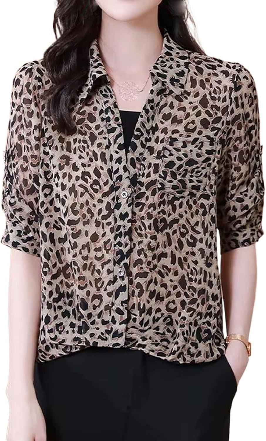 Women's Casual Chiffon Blouse Leopard Print Turn Down Collar Streetwear Shirt Top