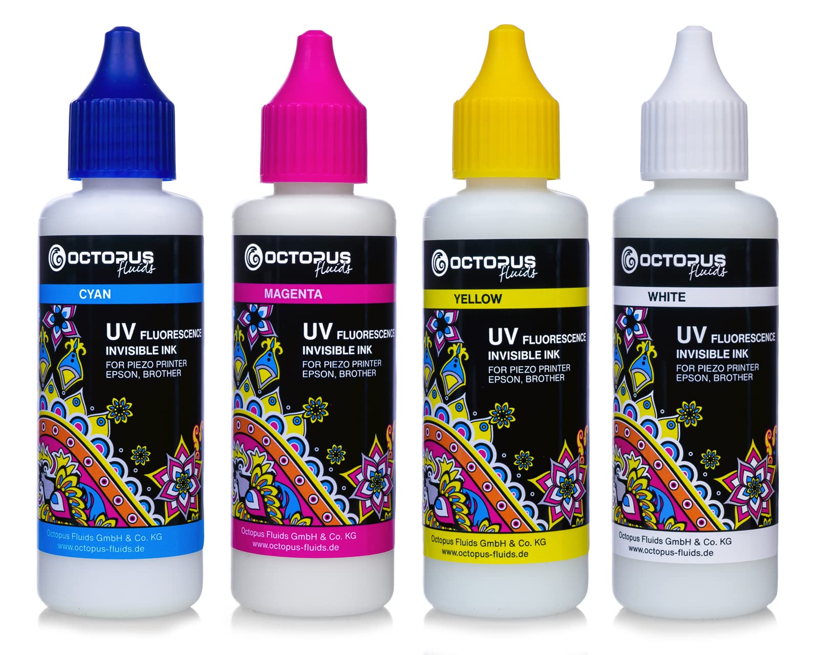 Octopus 4X 50ml Encre UV fluorescente invisible compatible pour Epson et Brother, Blanc, Cyan, Magenta, Jaune