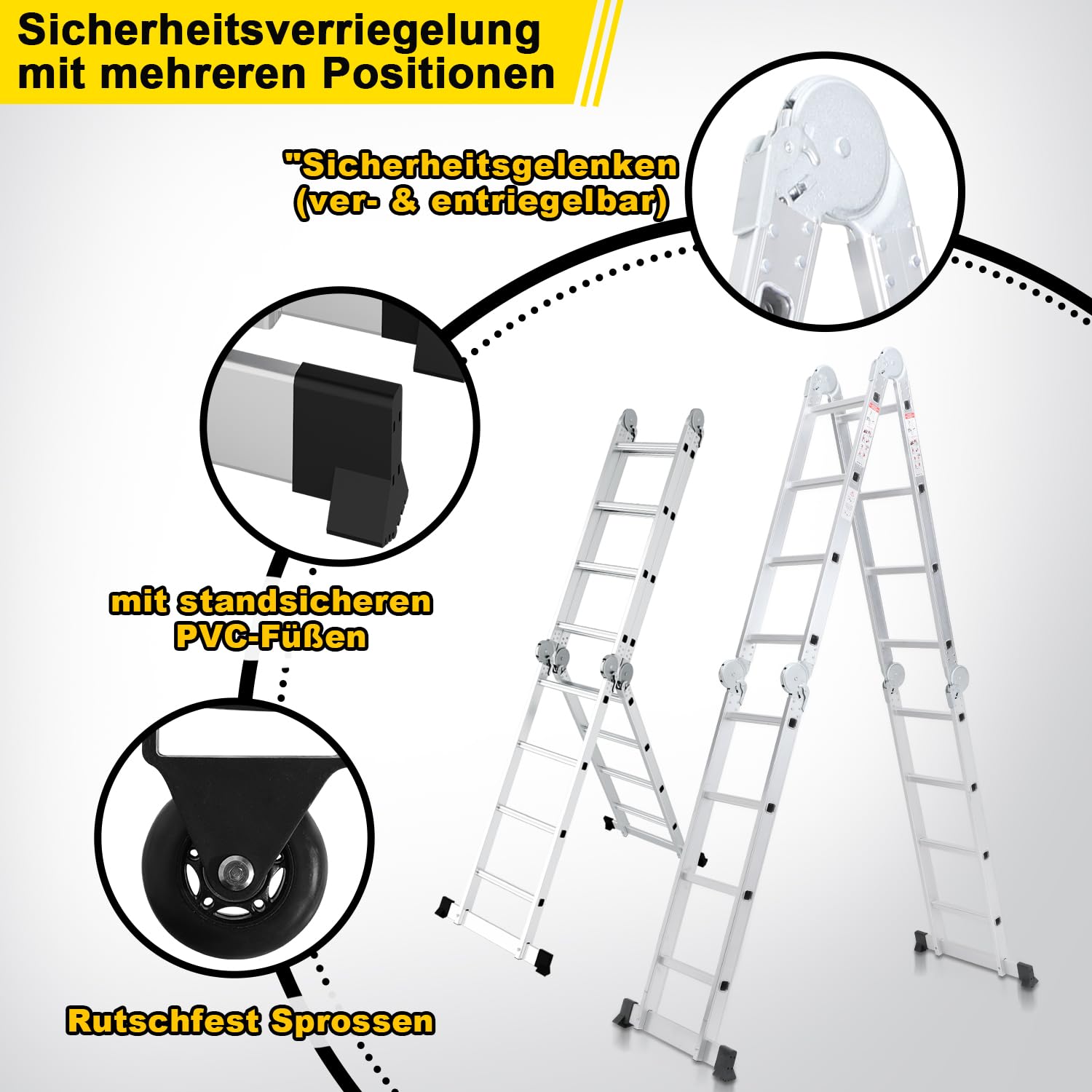 Escalera Multiusos de Aluminio de 4 x 4 peldaños, 470 cm, 7 en 1, con Plataforma, Escalera con 2 Placas de andamio, Escalera Multiusos Plegable, 16 peldaños, Color Plateado