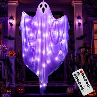 4 FT Halloween Hanging Ghost Decorations with 50 LED Lights, Light Up White Ghost Outdoor Decor with Timer & 8 Lighting Modes, Hanging Halloween Ghost for Front Porch, Yard, Patio, Garden & Party