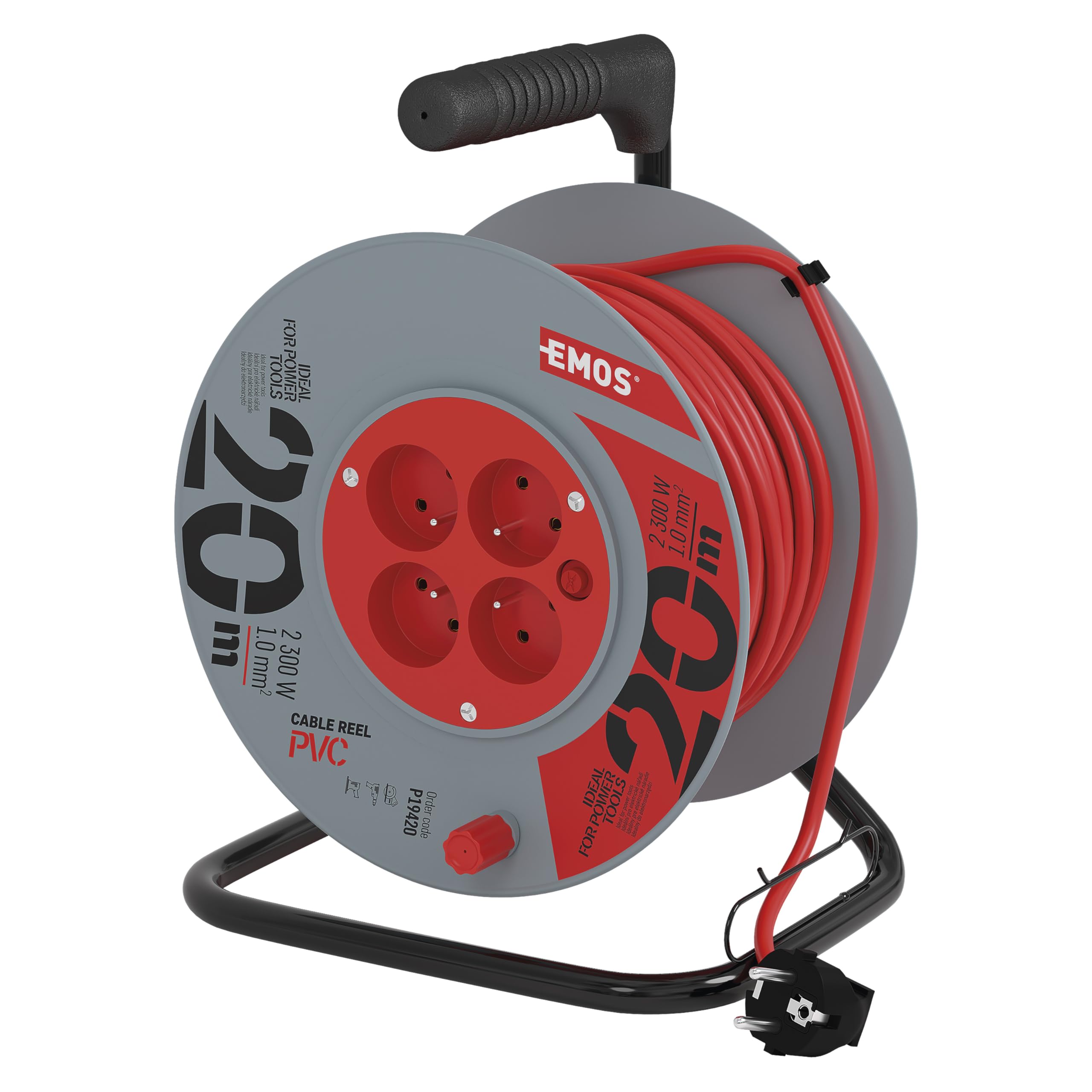 EMOS - Enrouleur de câble 20m - 4 Prises French - 230 V, 10 A, 2300 W - Isolation PVC de Haute qualité - H05VV-F3G 1,0 mm2 - Protection Contre la surchauffe, Frein de Bobine - IP20 pour l'intérieur