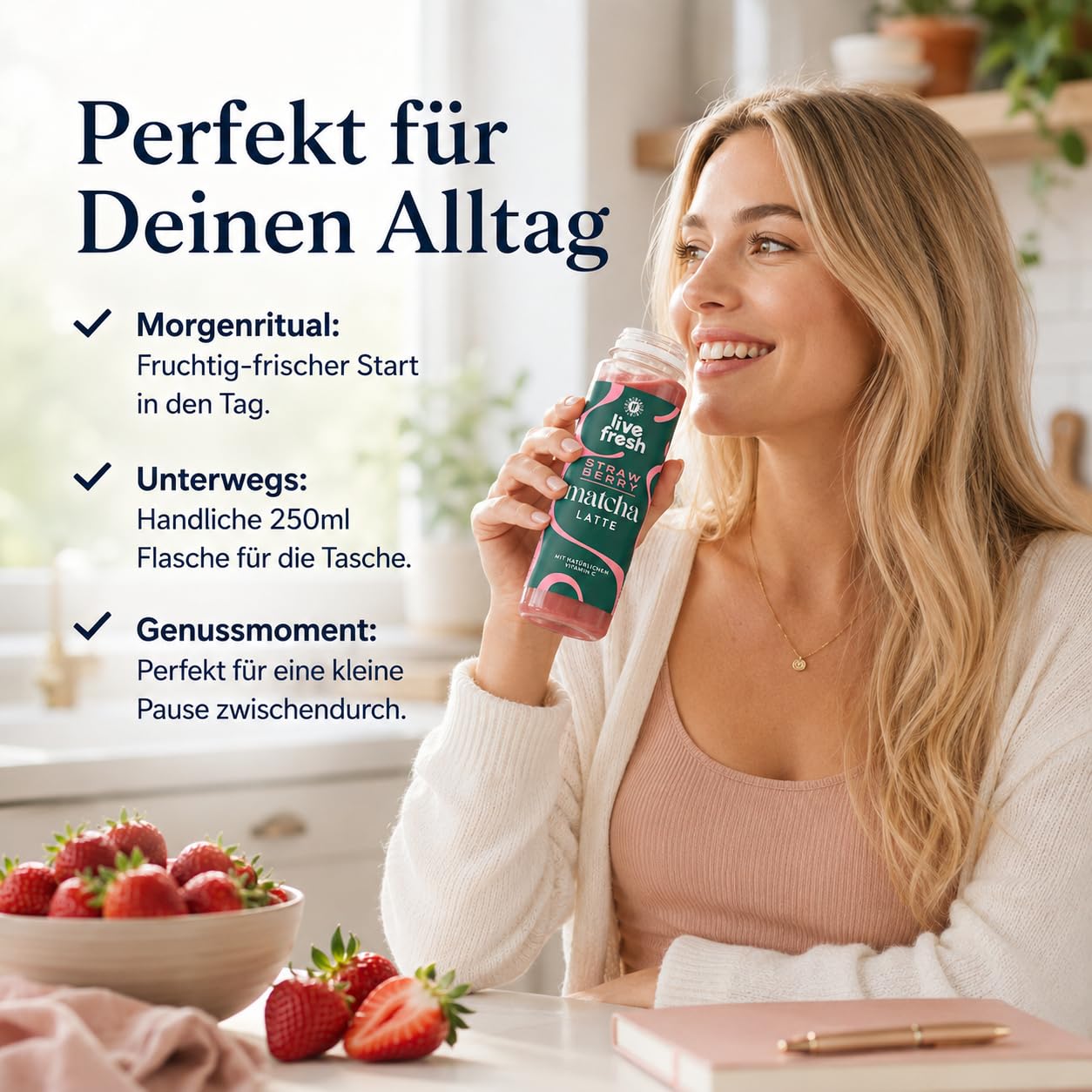 LiveFresh Matcha Latte Erdbeere – Fruchtiges Matcha Getränk mit Vitamin C – 6x250ml