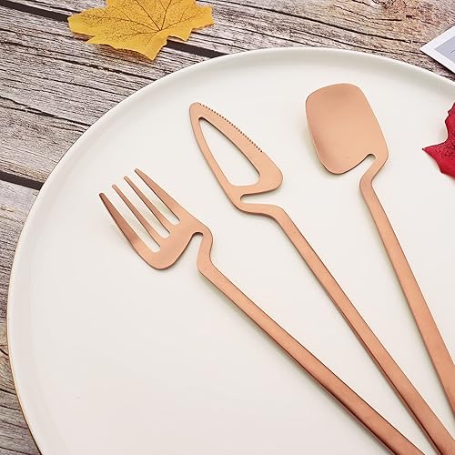 Miniatura 4 de JASHII Juego de cubiertos de acero inoxidable 304 color oro rosa mate, juego de cubiertos de 20 piezas, moderno juego de cubiertos colgantes, regalo
