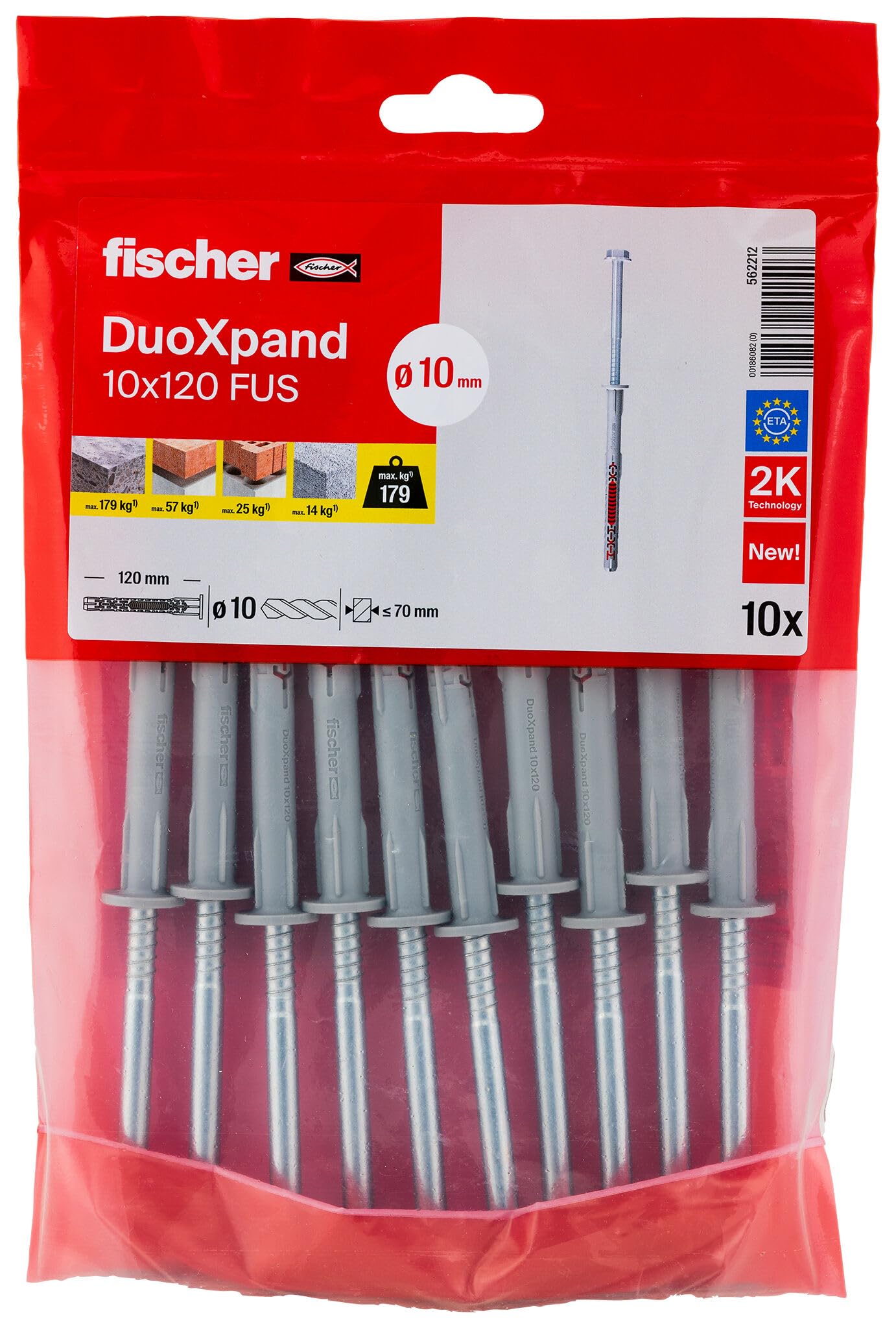 fischer DuoXpand 10 x 120 FUS, hochwertiger Universaldübel mit Sechskantschraube & angeformter U-Scheibe (10 Stk.), Dübel für starken Halt, ideal für poröse Baustoffe & randnahe Verankerungen