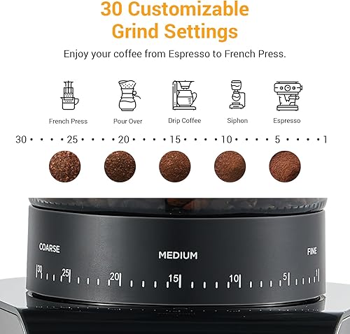 Miniatura 5 de Ollygrin - Molinillo de café eléctrico cónico de acero inoxidable con pantalla de temporizador digital, molinillo de fresas de grano de café con 30