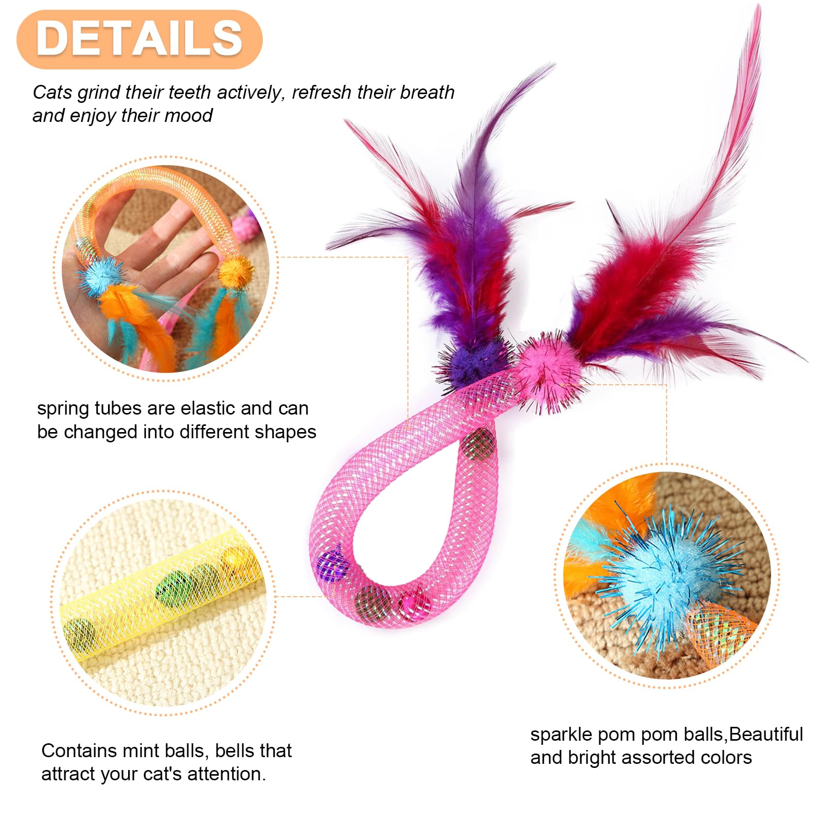 jiuhao Cat Spring Feather Toy, Indoor Cat Toys 3-Pack Kitten Spring Flexible Tube Toys with Feathers, Bell - Image 2