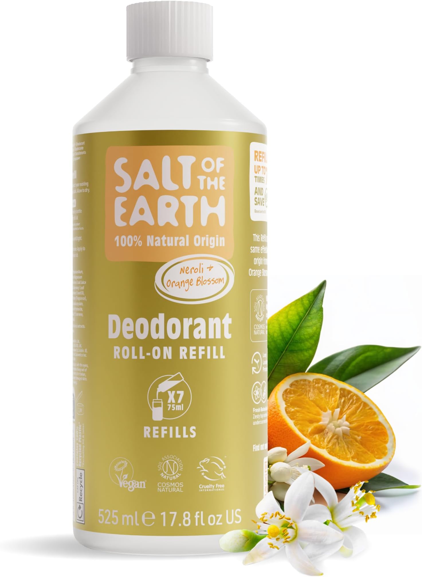 Salt Of the Earth Natural Deodorant Roll On Refill by Salt of the Earth, Neroli & Orange Blossom - Vegan, Long Lasting Protection, Leaping Bunny Approved, Made in the UK - 525ml