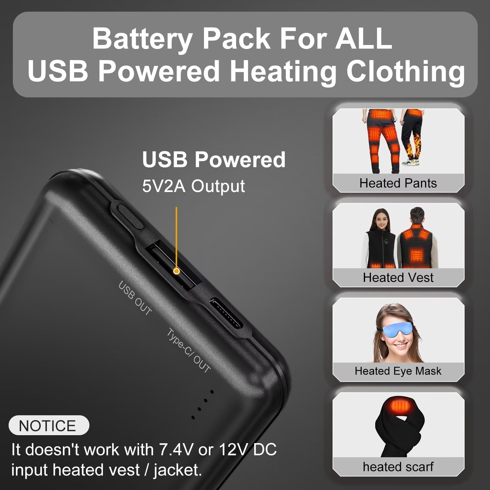 KOVNLO Battery Pack for Heated Vest, 5V 2A 10000mAh USB Power Bank with USB-C Charging Cable, Ultra Thin Portable Charger for Heated Jacket,iPhone, Android — view 4
