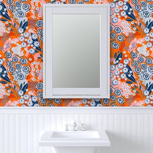 Miniatura 9 de Papel tapiz extraíble de 9 x 2 pies, color azul prado, naranja, flores brillantes, flores abstractas, papel tapiz prepegado personalizado por