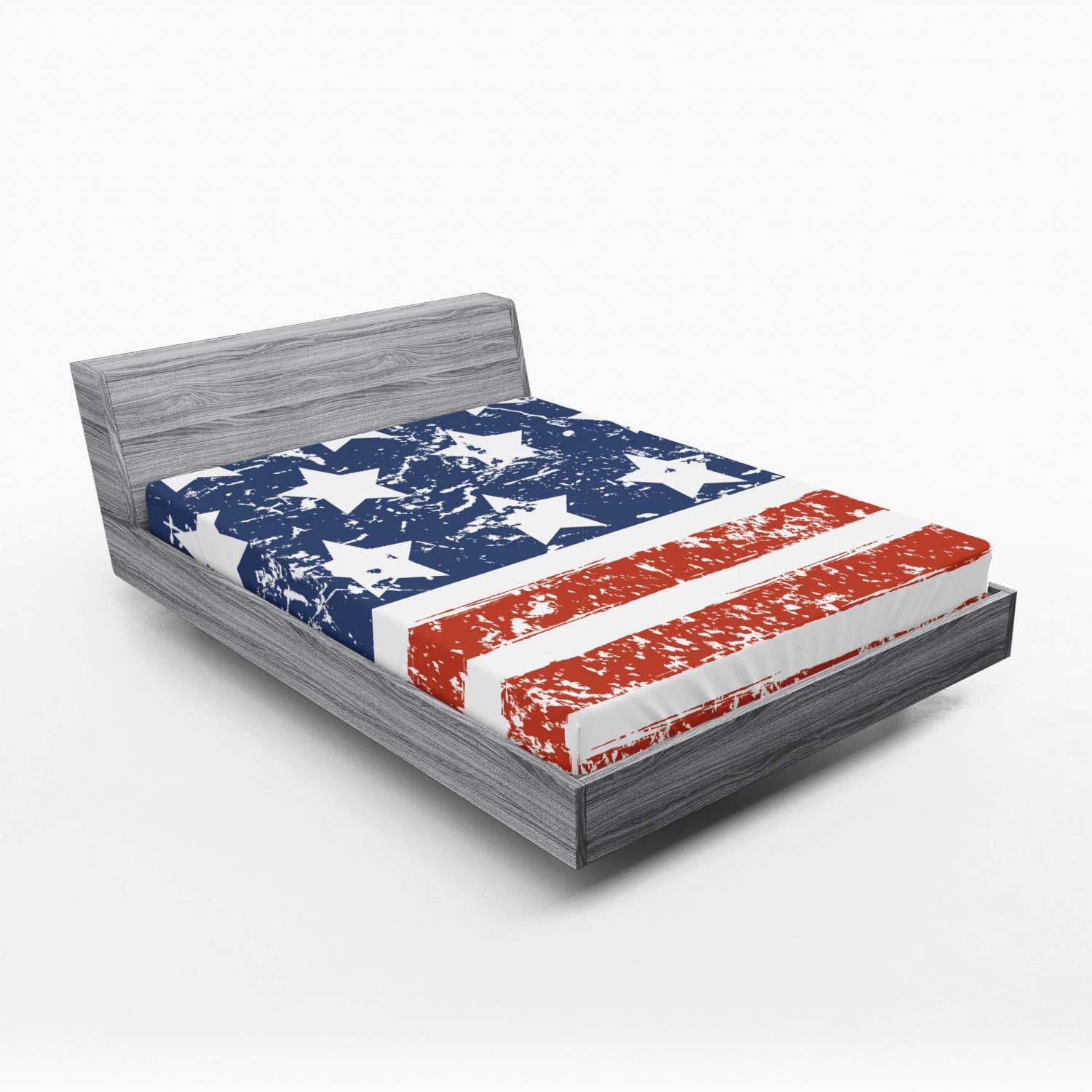 Ambesonne America Fitted Sheet, Fourth of July Theme Flag of United States of America with Grunge Effect, Bed Cover with All-Round Elastic Deep Pocket for Comfort, Full Size, Red Blue and White