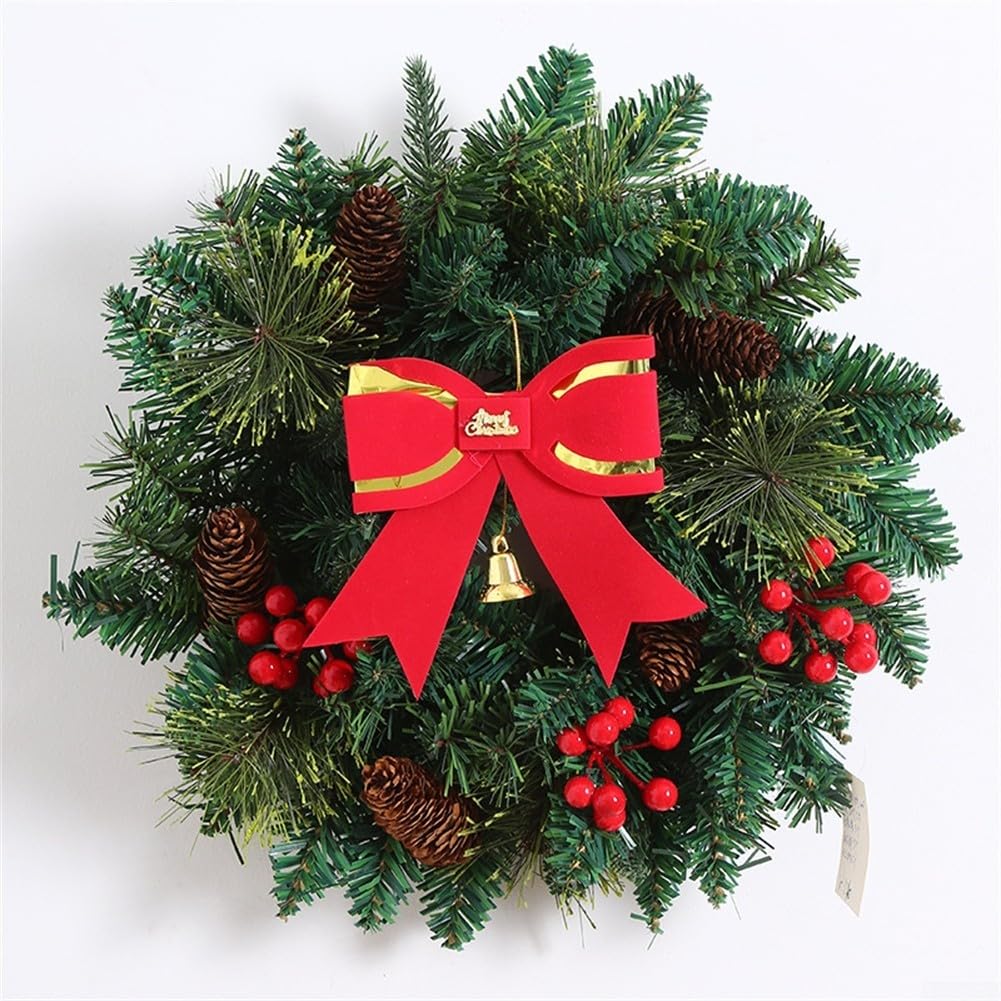 1 couronne de Noël artificielle, 30 cm ronde verte, couronne de Noël d'extérieur avec pommes de pin et baies rouges décoratives