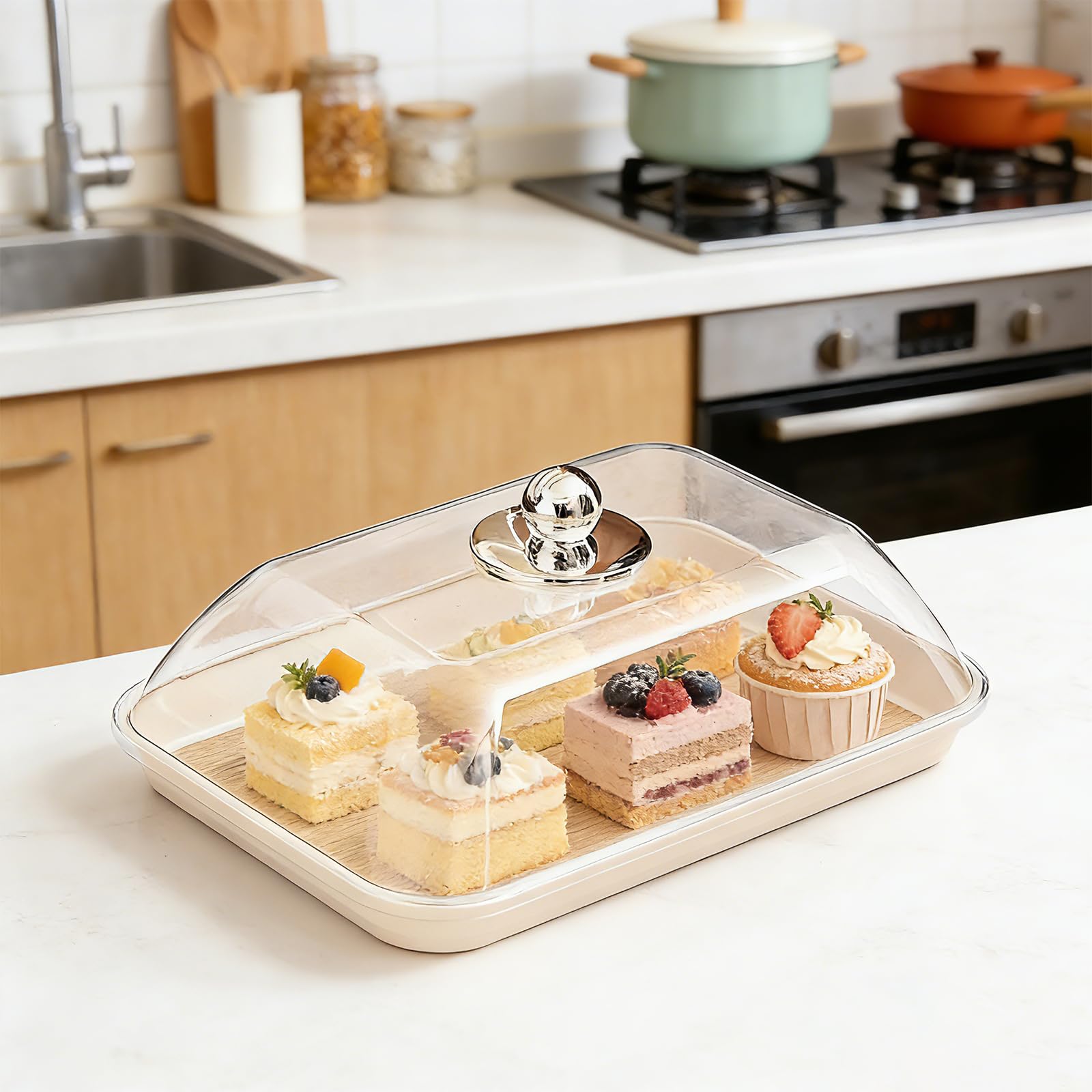 perfk Présentoir à Gâteaux avec Cloche, Cloche à Gâteau avec Base en Bois, Plateau de Service et Support à Gâteaux, Cloche en Verre Transparent pour Desserts, Présentoir à Biscuits, L