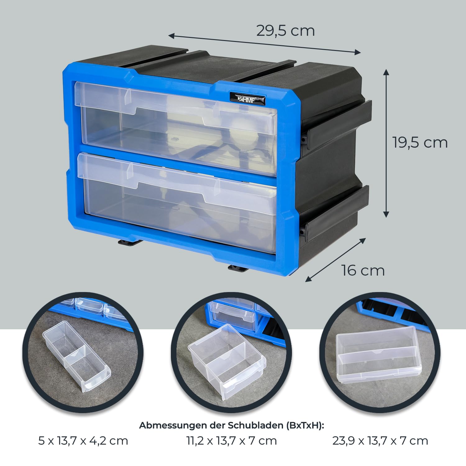 HMF Sortierbox für Kleinteile mit Schubladen, 3er Set, erweiterbarer Sortimentskasten für Schrauben und Werkzeug | 36 Fächer | 29,5 x 19,5 x 16 cm | Blau-Schwarz