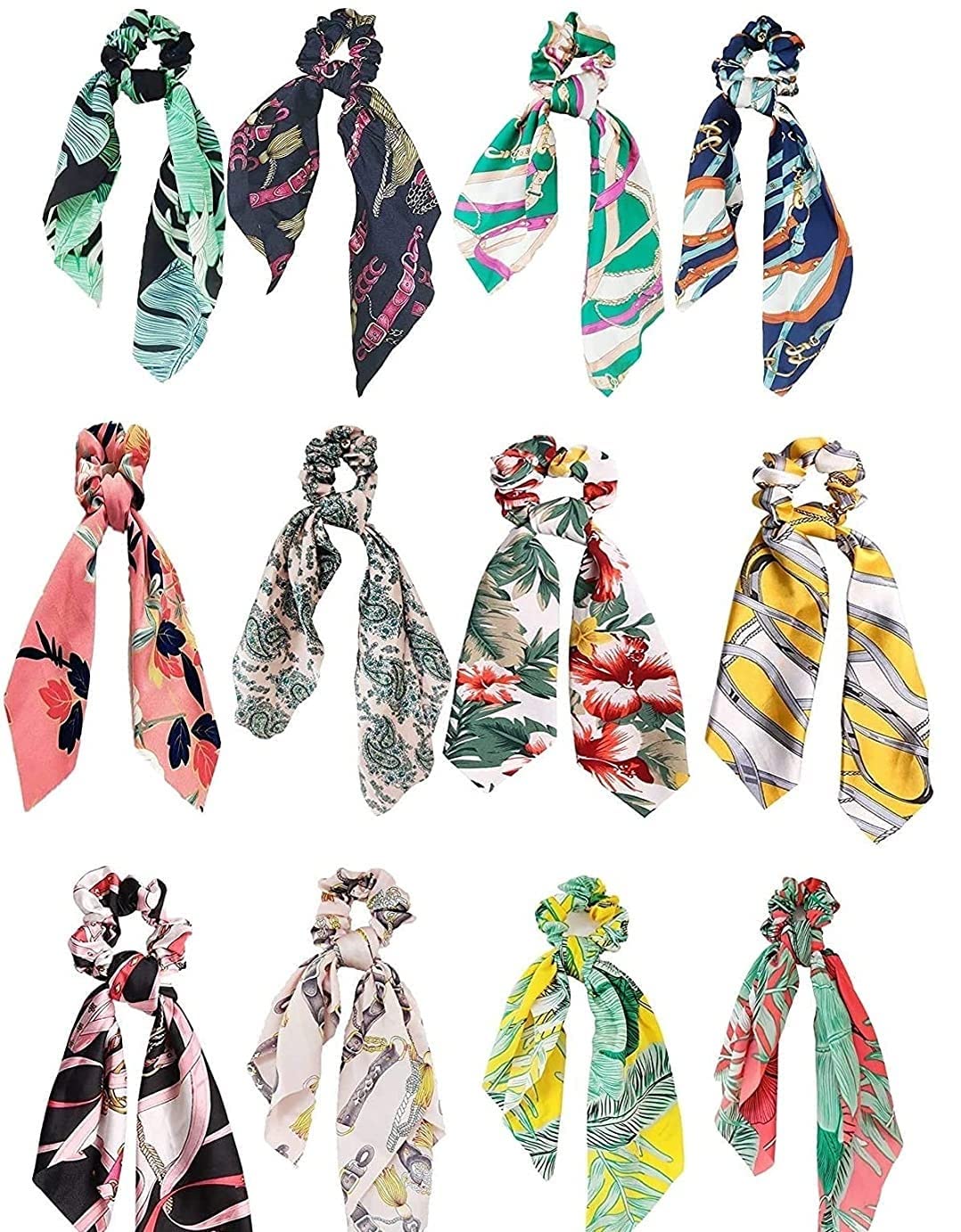 SHIVAANSH-(Set of 12 Pcs) Hair Scrunch Detachable Bowknot Satin Bohemian Chiffon Long Tail Elastics Ribbon Ear Bow Pattern Scarf Vintage Ponytail Holder Ties Ropes Hair Bands/head Band (Multicolor) (B09LR99GG5) Amazon Price History, Amazon Price Tracker