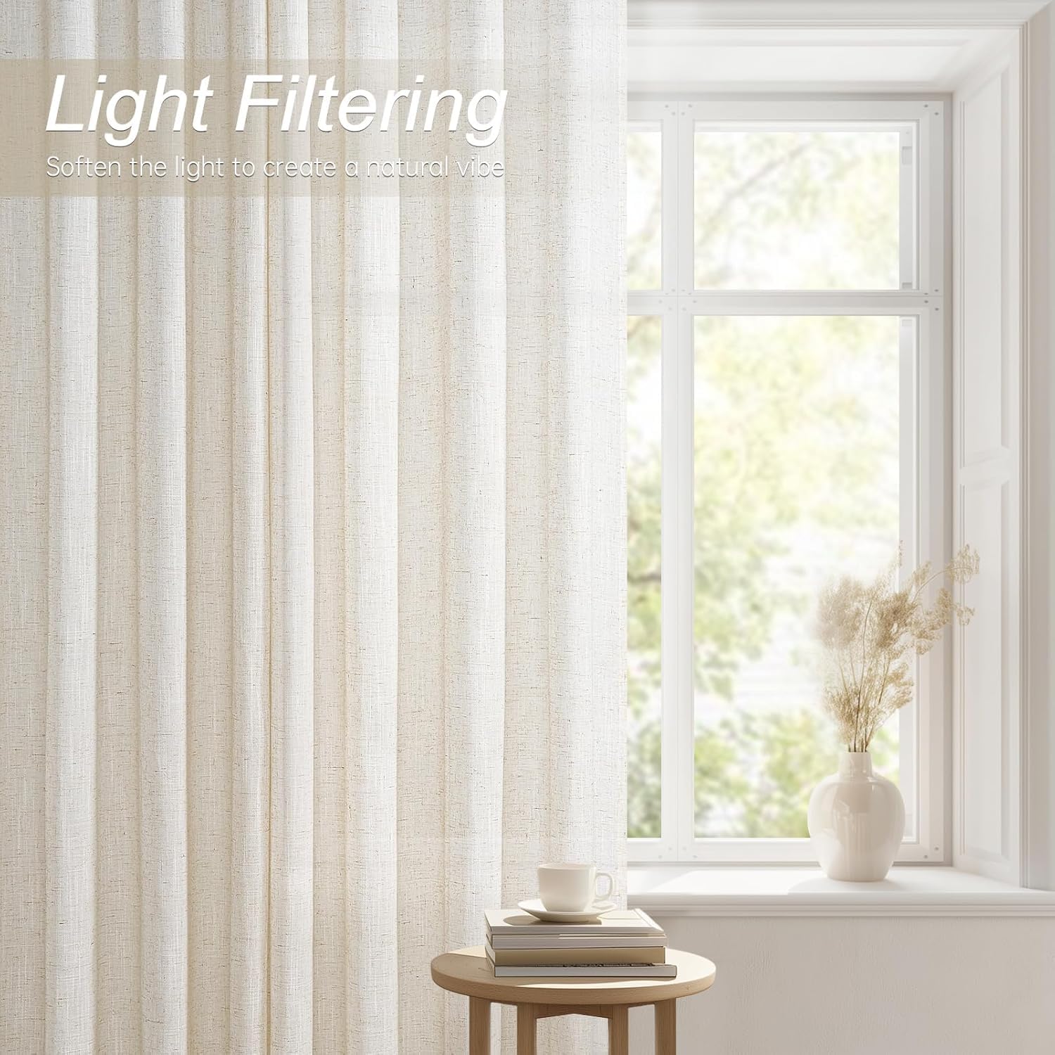 Topfinel Cortinas De Lino Bohemias, Beige Natural, para Salón, Semitransparentes, 300 x 260 cm(An x Al), para Sistema De Rieles ，Juego De 1