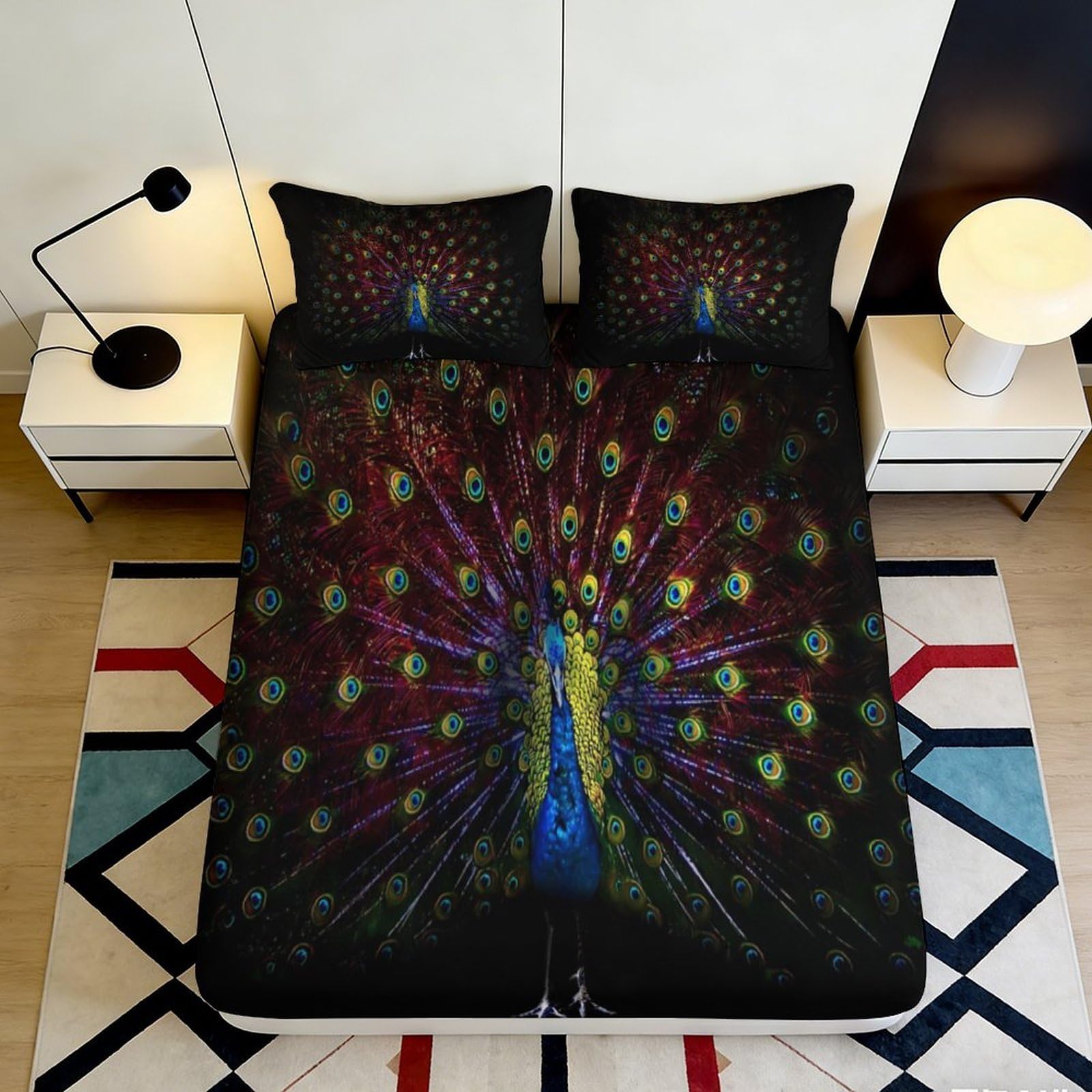 3D Printed Peacock Art Fitted Sheet Microfiber Soft Bedroom Decor Vibrant Feather Mattress Cover for Home Dorm 90x200x25cm