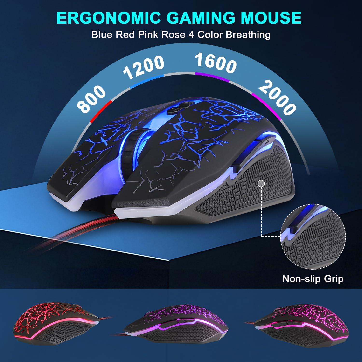 QWERTZ DE - Set tastiera e mouse da gioco, 114 tasti, tastiera retroilluminata a LED, mouse da gioco ergonomico a 4 colori, grande tappetino per mouse, USB per PC PS5 Xbox