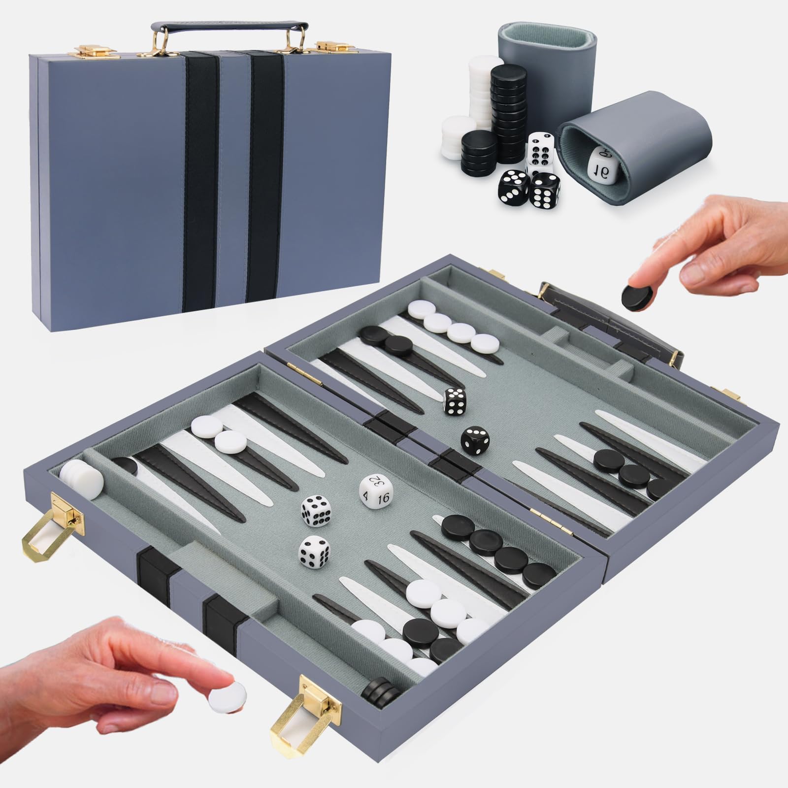 Tlater Backgammon Board Game Set With Premium Leather Case - Portable Travel Strategy Game for Adults and Kids (Blue Grey-11 inches)