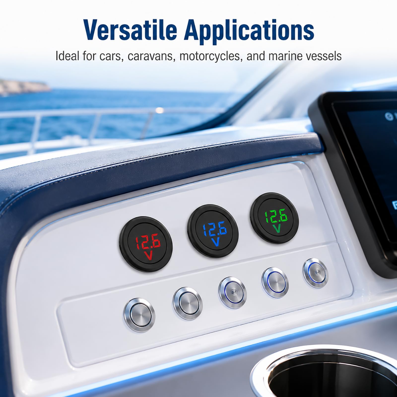 3-teiliges digitales Voltmeter DC 4 100 V, LED-Voltmeter, rund, Spannungsanzeige, rot, blau, grün, für Auto, Motorrad, Wohnmobil, Boot, Solarsystem, Armaturenbrett und DIY-Elektronik-Projekt