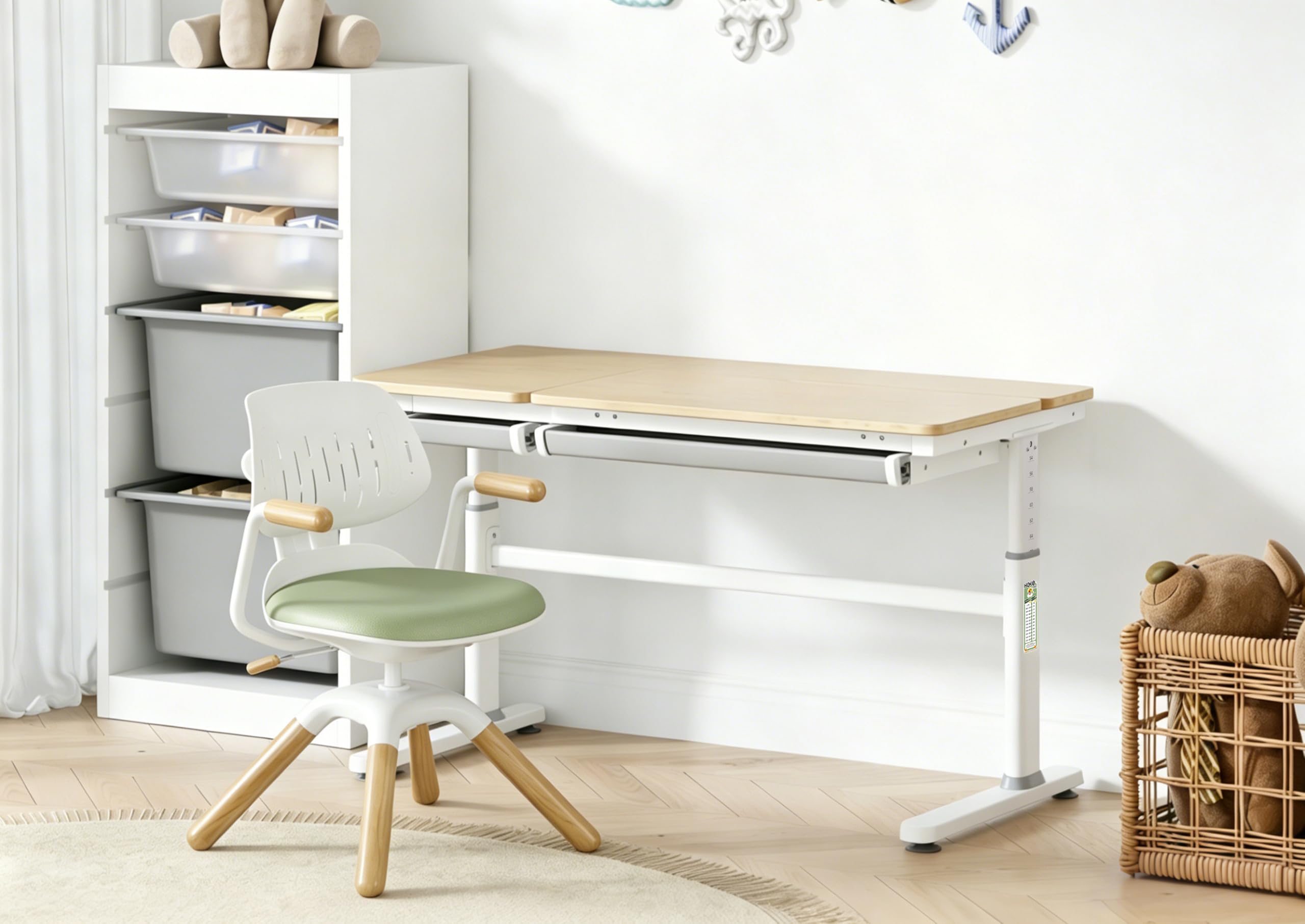 HOKO Kinderschreibtisch, Höhenverstellbar Kinderschreibtische 120x60 cm, Schreibtisch Kinder ab 6 Jahren, neigbare Tischplatte mit Schubladen, 100kg Belastbarkeit, Verstellbar von 54-76cm (Holz,CELIN)