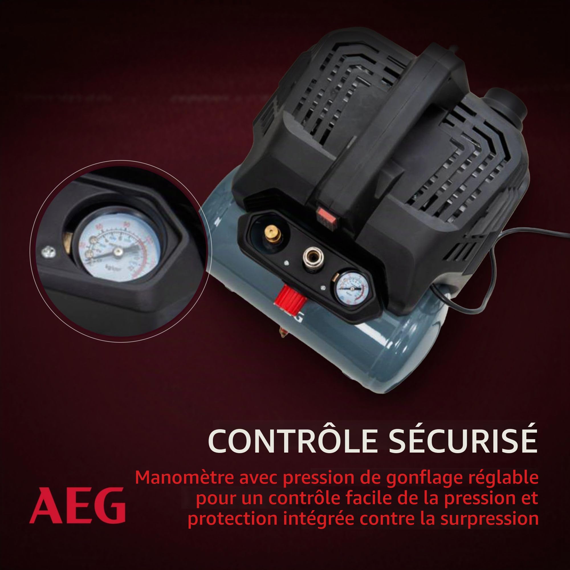 AEG KL6 Compresseur d'air comprimé silencieux et puissant pour atelier, maison, loisirs, polyvalent, sans entretien, sans huile, 56 dB, puissance du moteur 1,5 CV, réservoir 6 l, 8 bar, 206 l/min