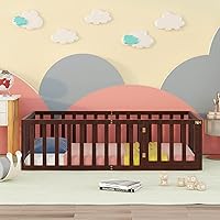 Vista 3 de Merax Marco de cama de piso de madera de tamaño individual con valla y puerta (nogal)