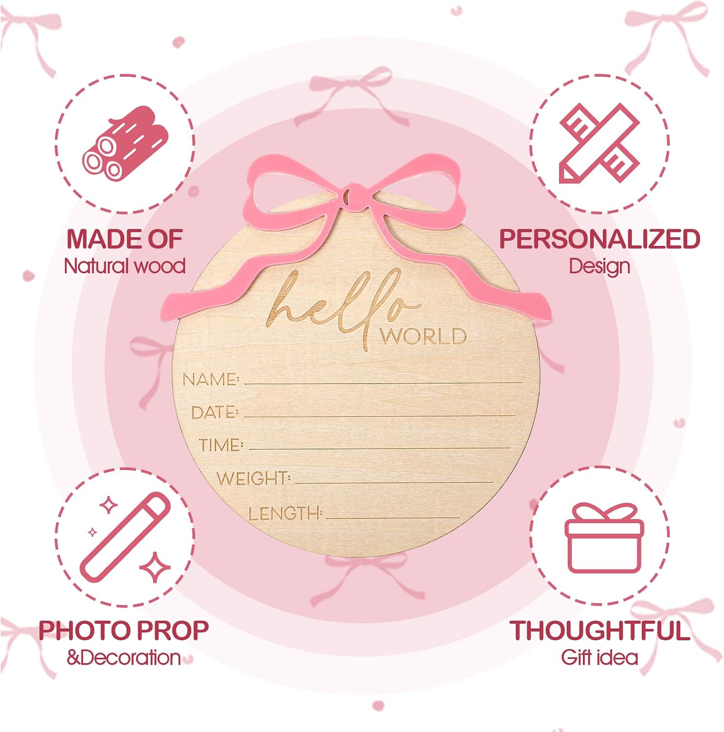 Baby Announcement Sign, Pink Bow Welcome Baby Sign, Wooden baby Name sign for Photo Props Hospital Nursery