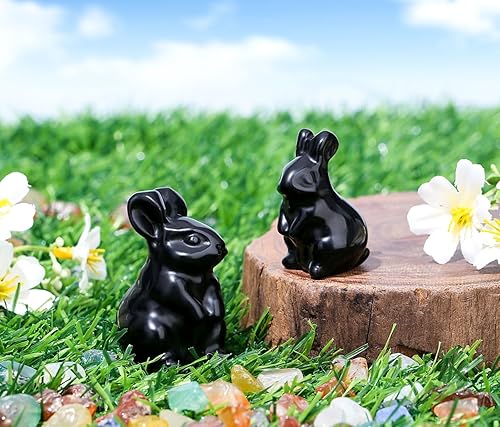 Miniatura 2 de DUQGUHO Estatua de conejo de obsidiana negra con cristales decorativos de conejo, estatua de conejo, bolsillo pulido, cristales de piedras preciosas