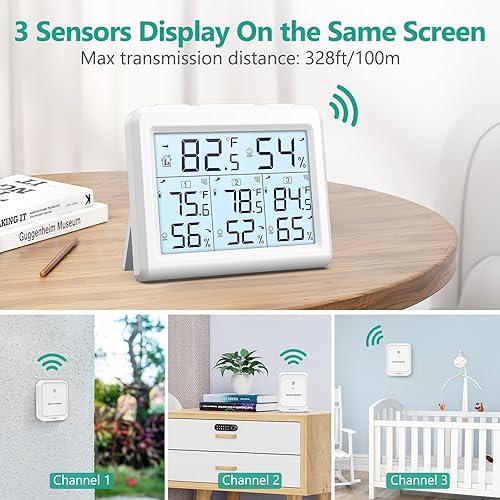 Miniatura 3 de ORIA Higrómetro digital para interiores y exteriores, monitor de humedad de temperatura inalámbrico mejorado con 3 sensores, termómetro higrómetro