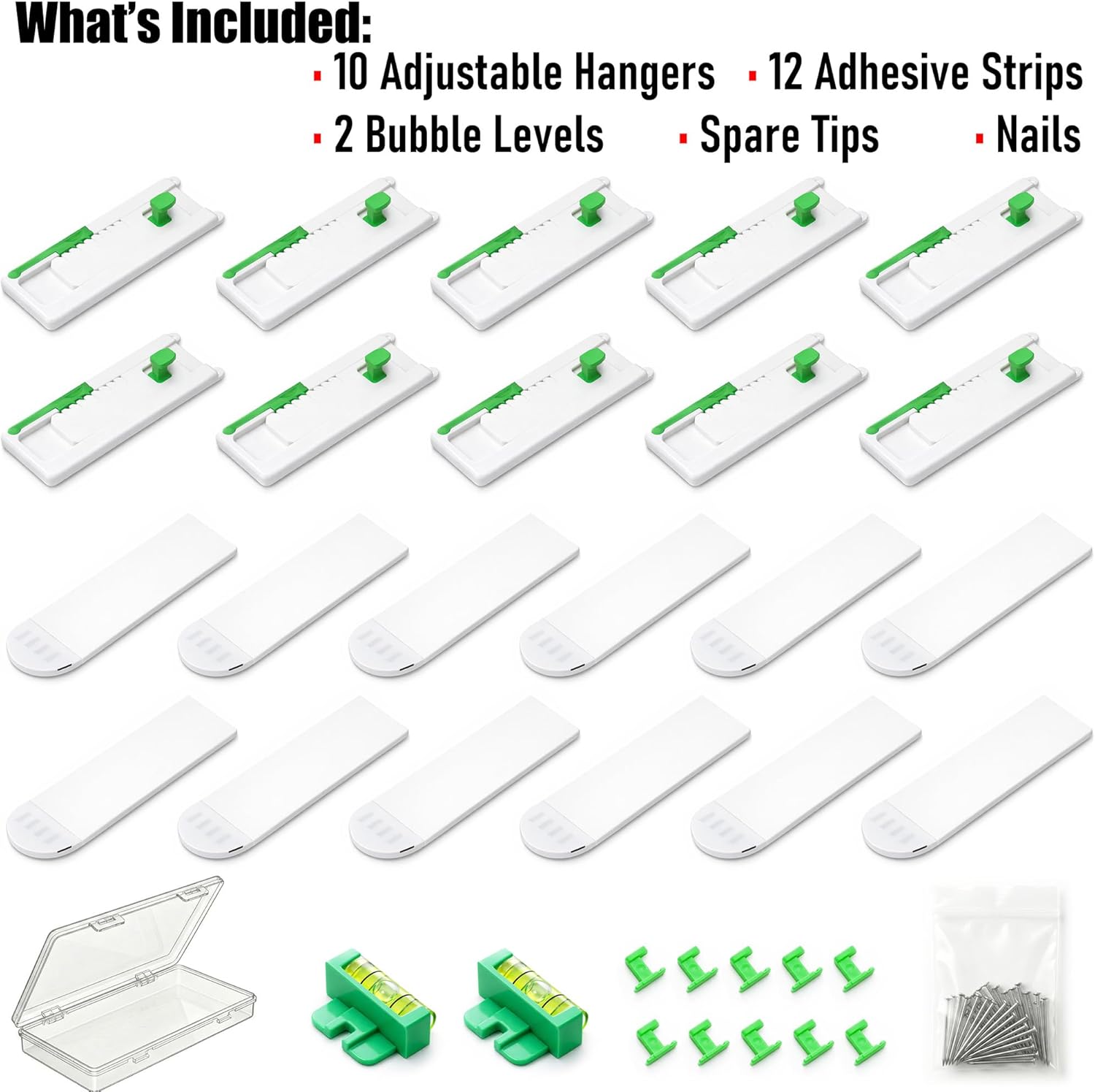 Damage Free Picture Hangers, No-Drill Adjustable Wall Hooks with Bubble Level, Fits Sawtooth, Wire, D-Ring & Keyhole Frames, Canvas Art & Wall Décor, Up to 4.4 lb Each (Optional Nail Reinforcement)