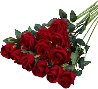 12 Pièces Fleurs Artificielles Deco Mariage 51 * 7 cm Feuilles et Tiges Réglables,Réalité et Douce Rose Artificielle pour Mariage Douche Nuptiale Décorations de Jardin à la Maison(Rouge Vif)