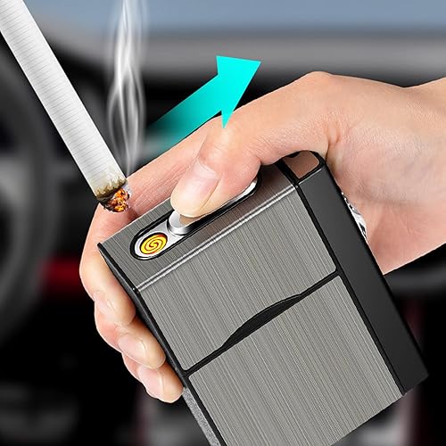 Miniatura 8 de Caja de cigarrillos de metal para 20 cigarrillos regulares, caja de cigarrillos retro para hombres y mujeres, caja multifuncional (gas no incluido)