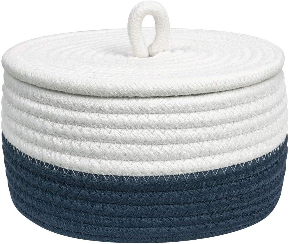 HiChen Small Round Woven Storage Basket - Cotton Rope Desk Organizer with Lid - Modern Living Room Entrance Key Basket - Blue Boho Bin for Food - 6.7"D x 3.5"H