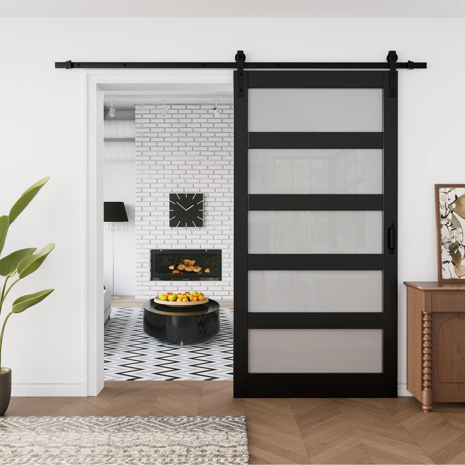 5-Lite Frosted Glass Paneled Black Barn Door, 42" x 84"