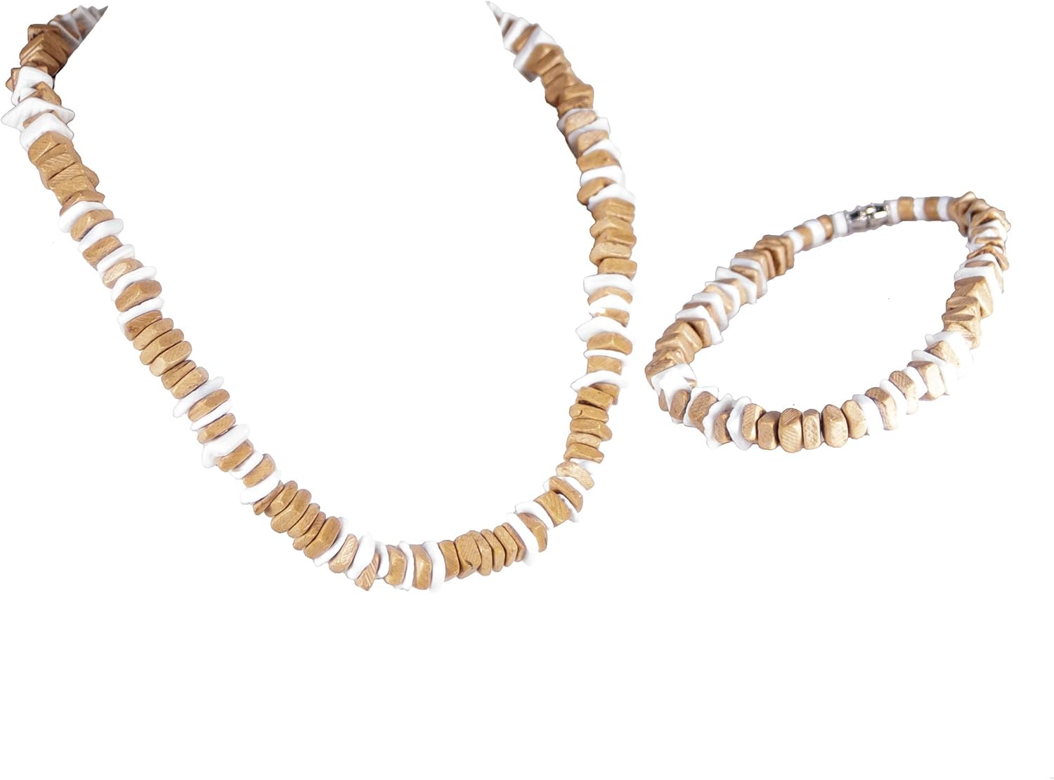 BlueRica Coconut Shell Jewelry Set - Tan Coconut Chips Necklace & Anklet With Barrel Lock