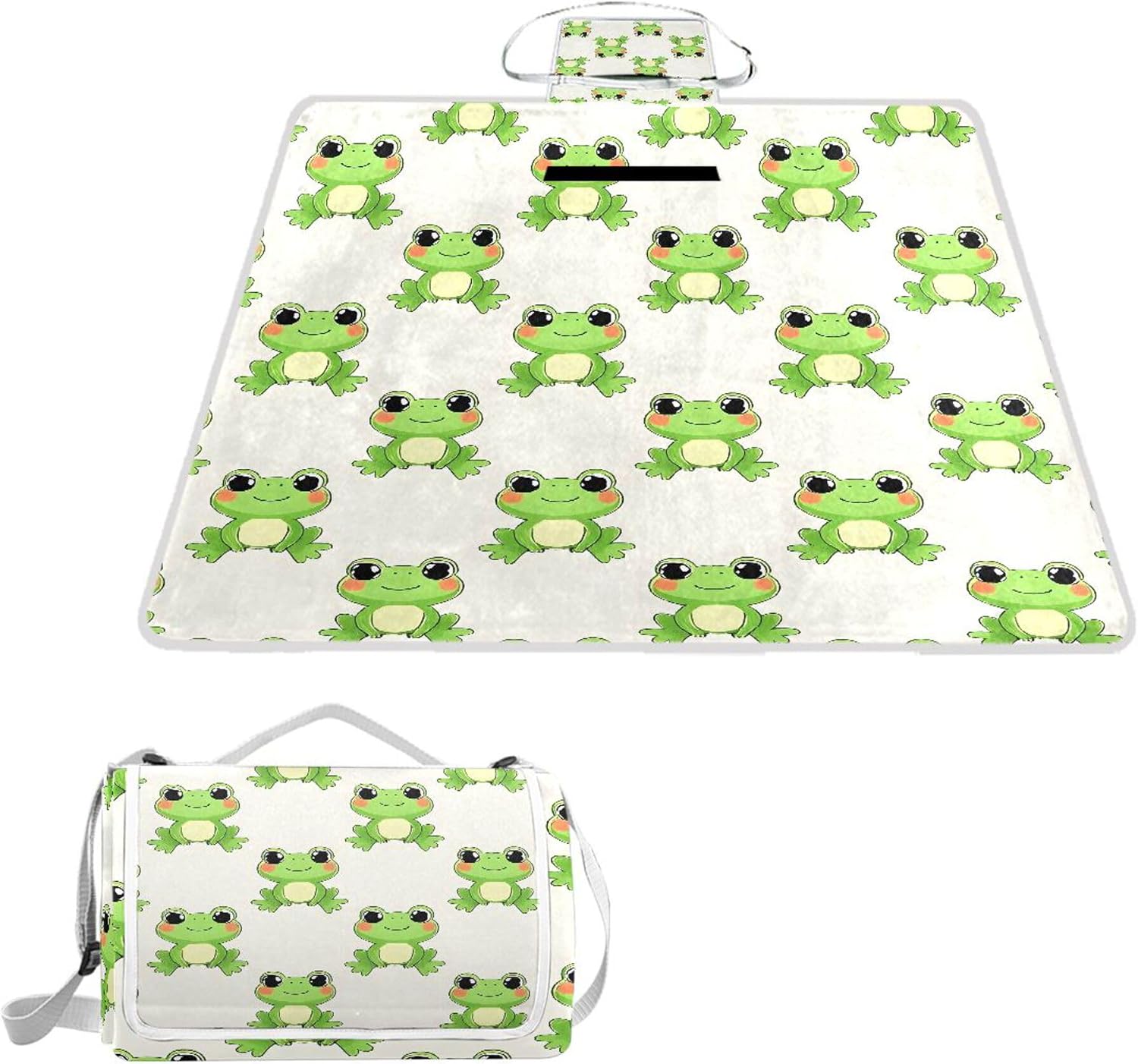 MNSRUU Picnic Blanket Waterproof Foldable, Frog Cute Large Outdoor Picnic Blanket Beach Blankets Camping Blanket Travel Mat, Shoulder Strap Tote, Rectangle 57x59in