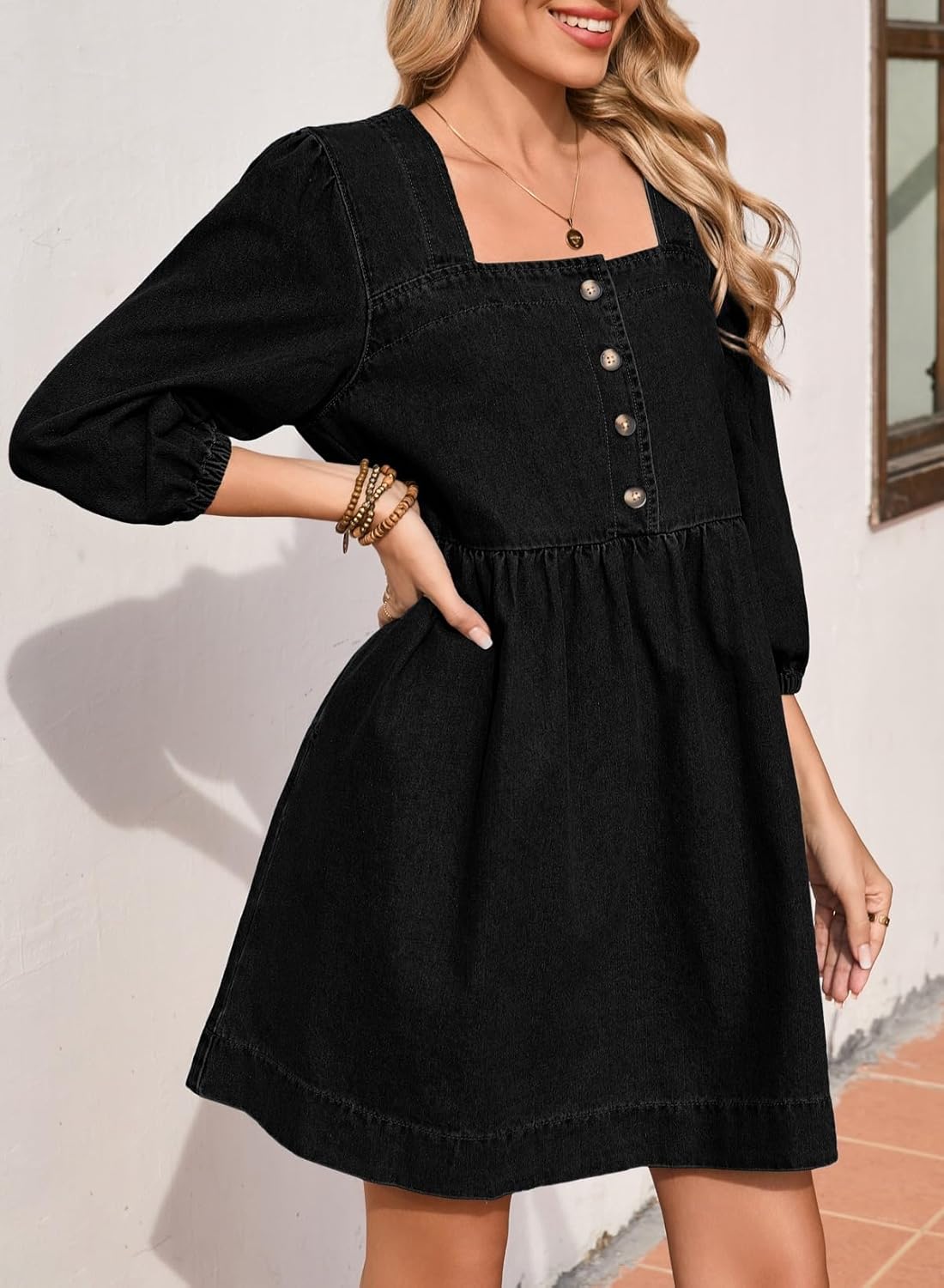 Sidefeel Women's Spring Outfit Denim Dress 3/4 Sleeve Loose Fit Square Neck Summer Jean Dresses with Pockets - Image 3