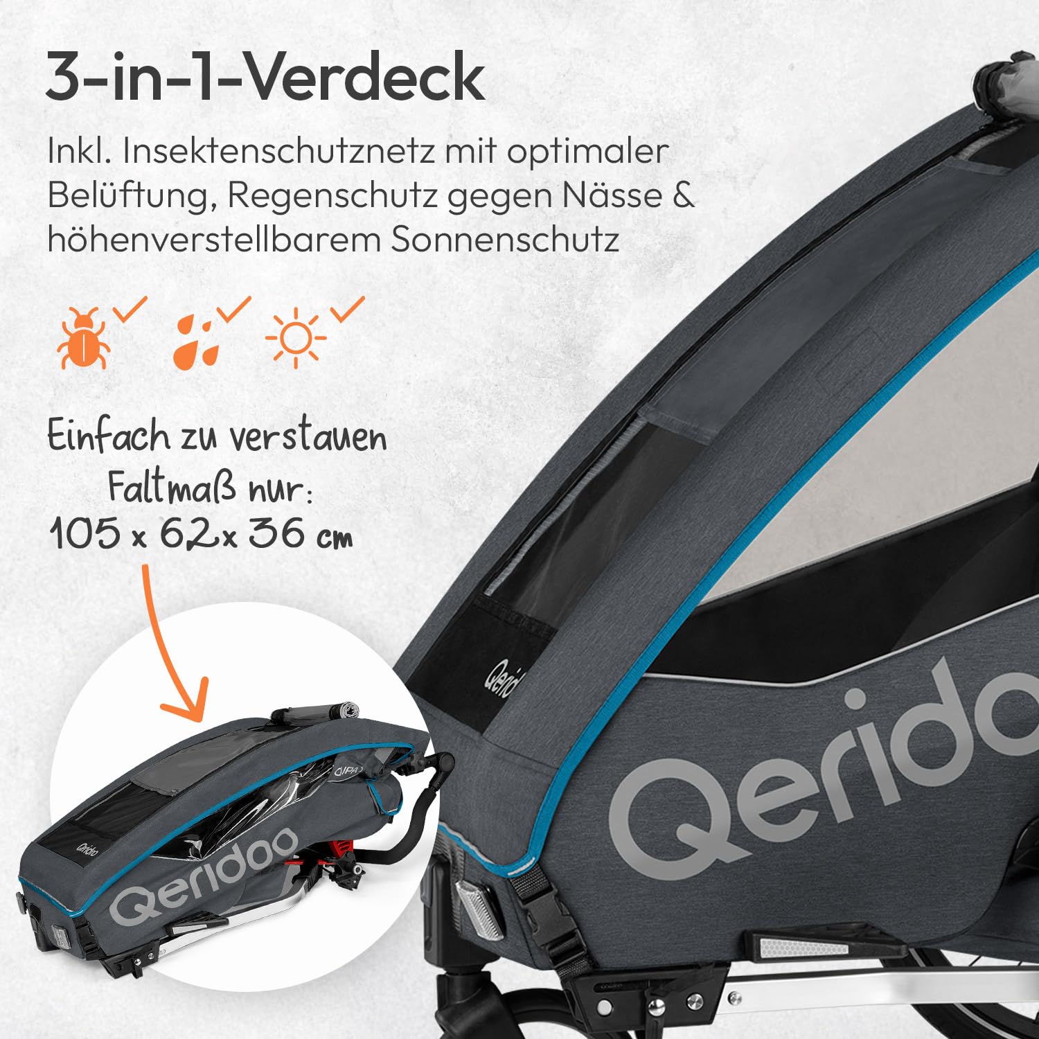 Qeridoo QUPA 1 Fahrradanhänger 1 Kind mit Blattfederung & Handparkbremse Jogger Kinderwagen