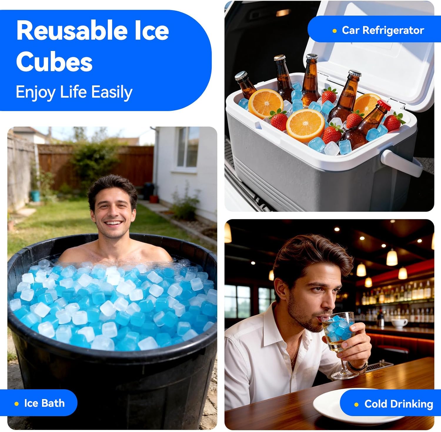 24LBS Reusable Ice Cubes for Ice Bath, BPA-Free Plastic Ice Pack Without Diluting Drinks, Refreezable Fake Ice Blocks for Coolers, Athletes Chiller, Outdoor Parties (Blue and White)